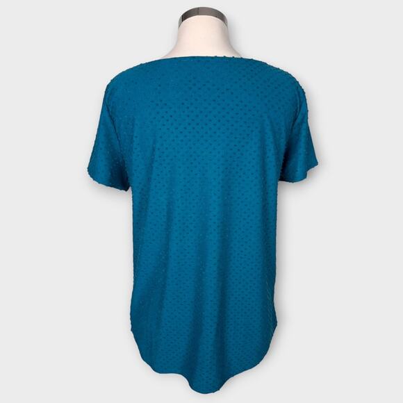Rose & Olive Medium Teal Blue Hobnail Short Sleeve Blouse Polyester Rayon - Picture 5 of 8